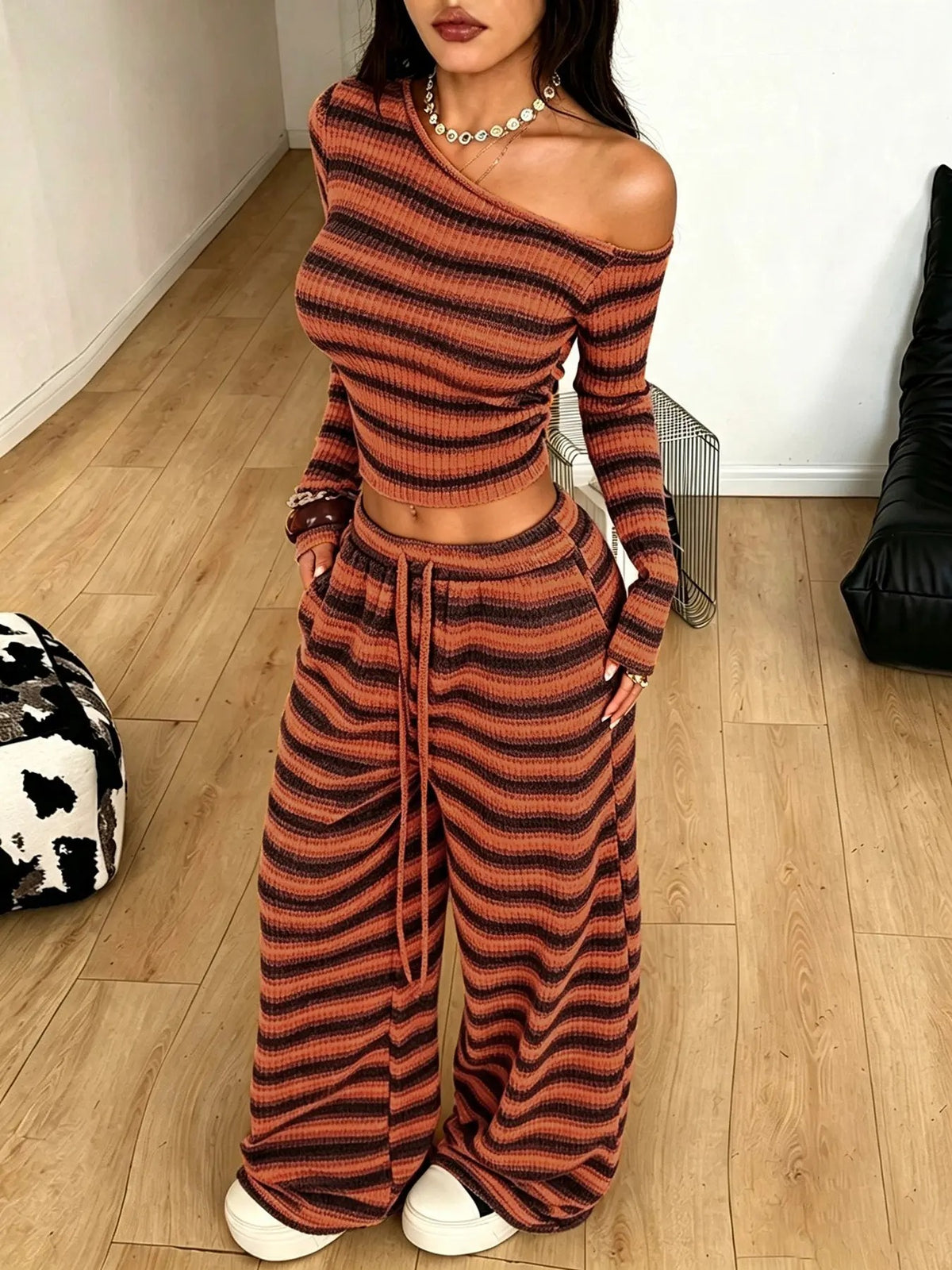 Y2K Stripe Lounge Set in Ember Stripe — striped long sleeve top and wide-leg pants