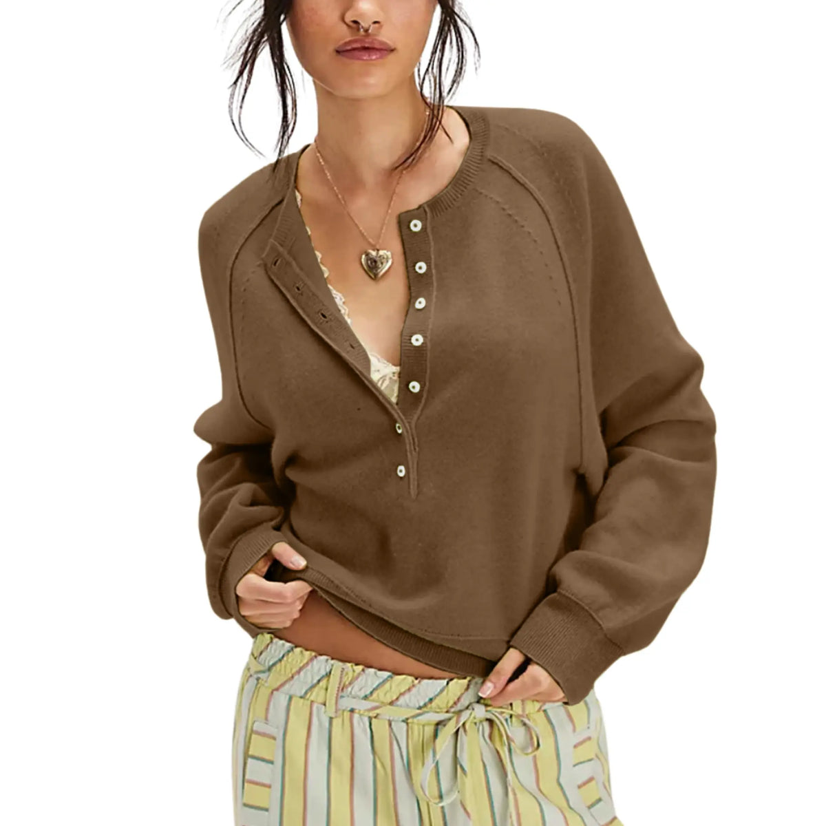 Half Button Henley Sweater - Brown