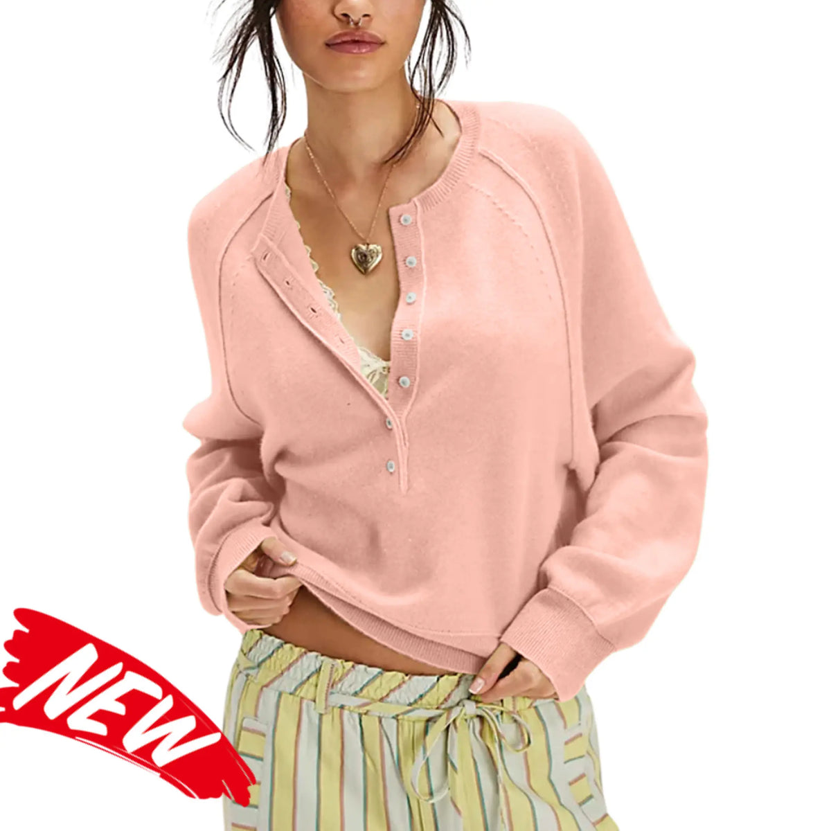 Half Button Henley Sweater - Coral Pink
