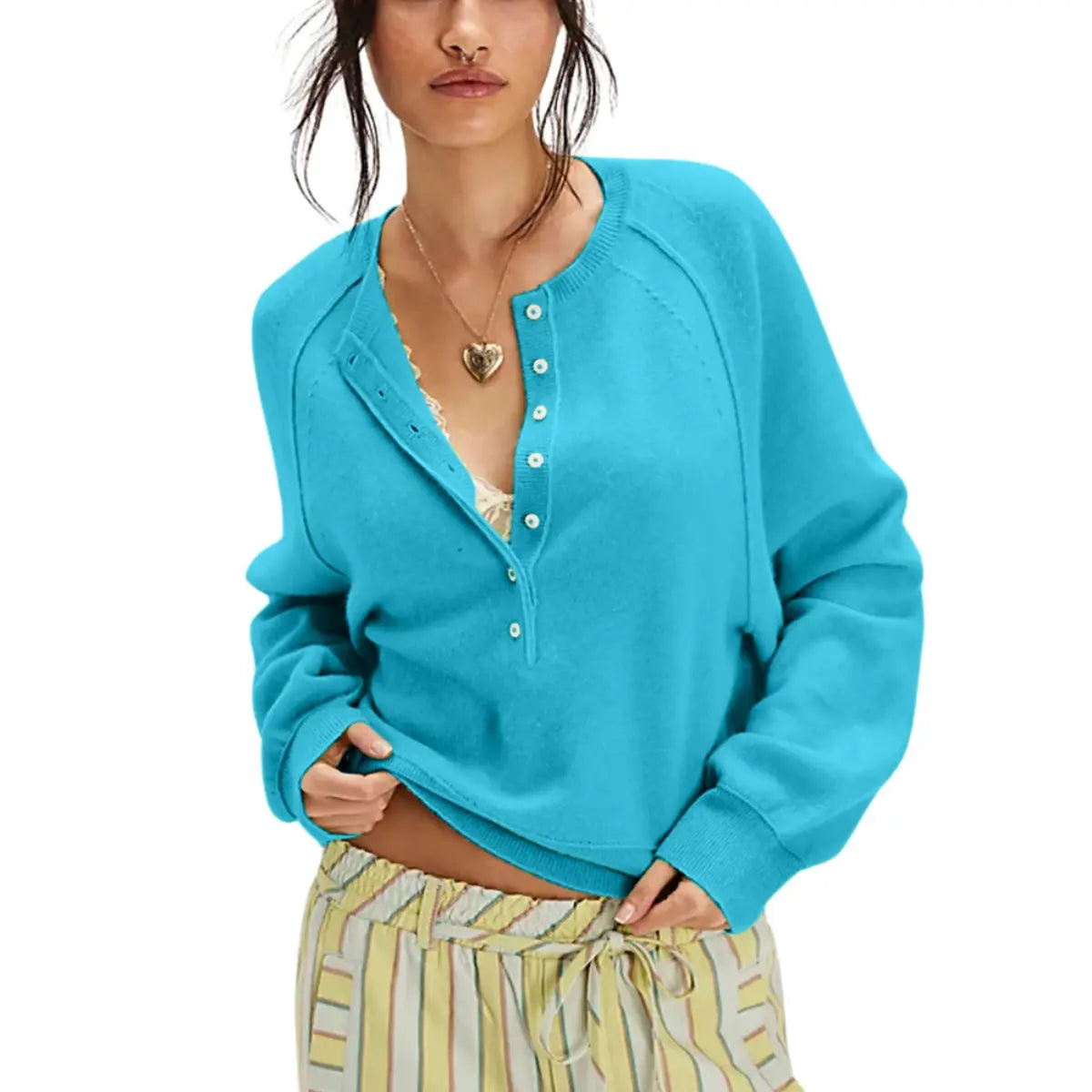 Half Button Henley Sweater - Lake Blue