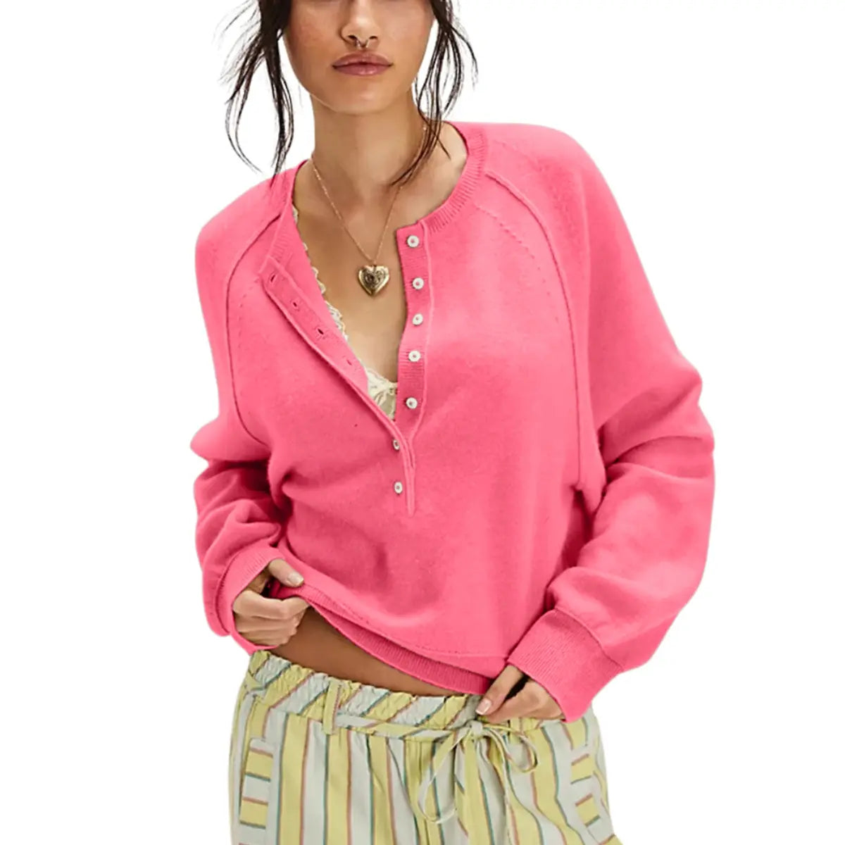 Half Button Henley Sweater - Pink