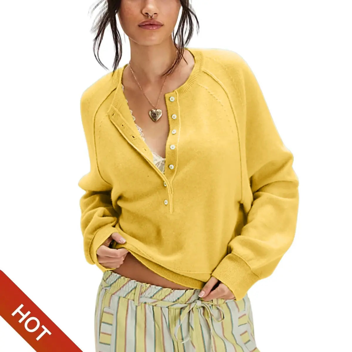 Half Button Henley Sweater - Yellow