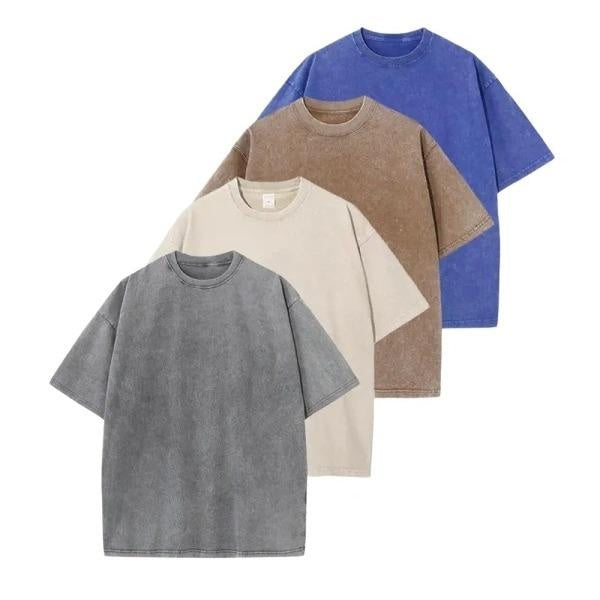 Four washed tees: Gray + Apricot + Brown + Blue